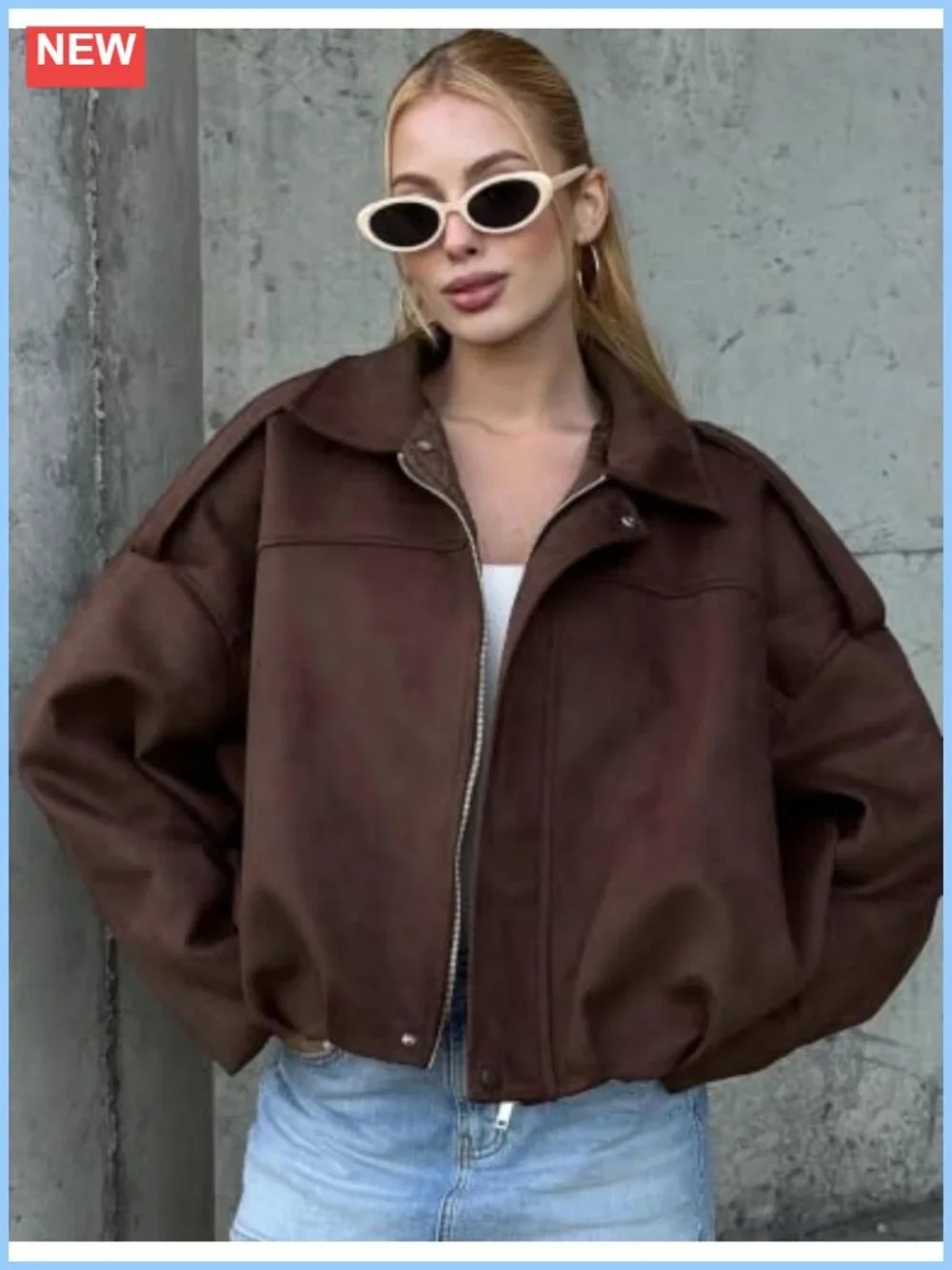Faux Suede Oversized Cropped Bomber Jacket Women Batwing Streetwear